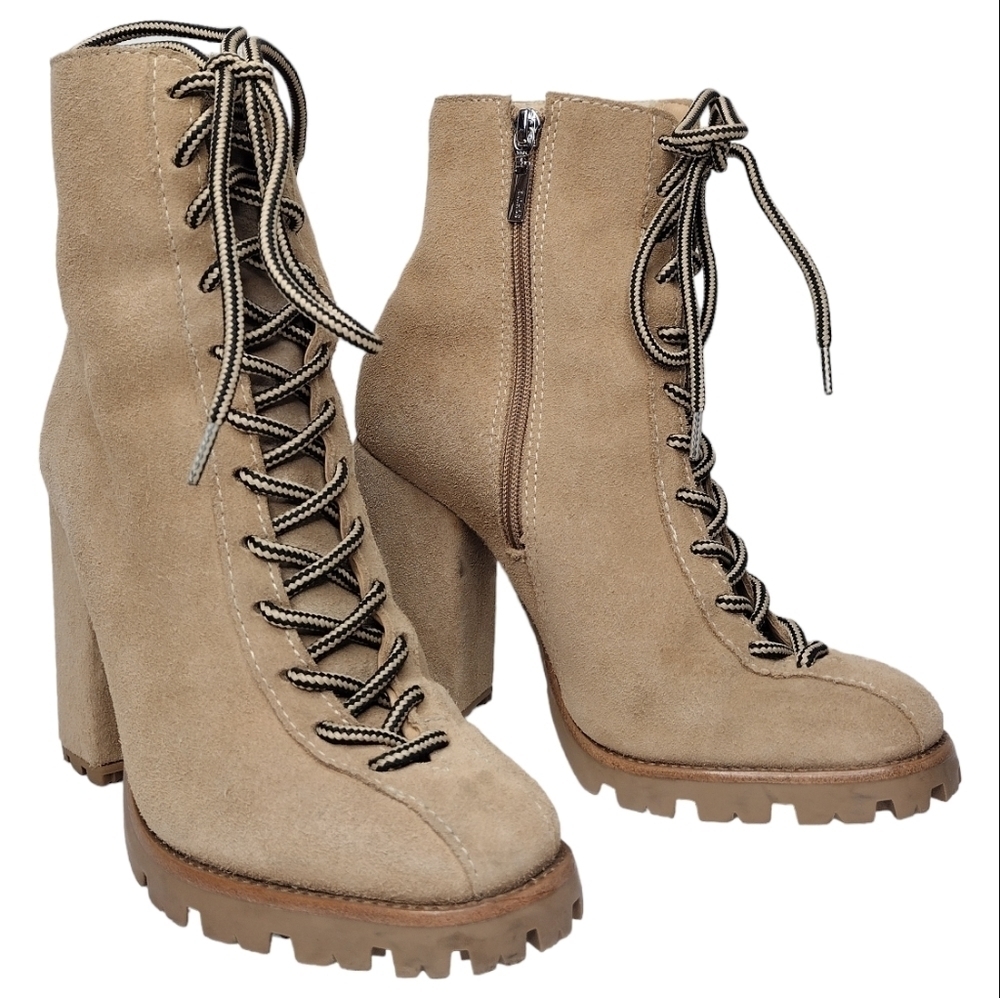 Schutz Naina Women's Leather Suede Faux Fur Lace Up Heeled Boots Size 7.5B